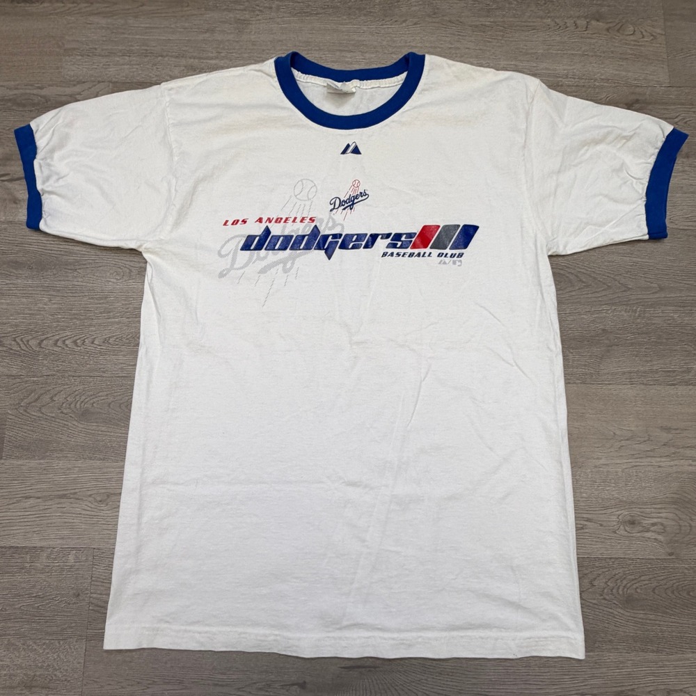 Vintage Y2K Majestic LA Dodgers Ringer T Shirt Mens L White Blue USA Made